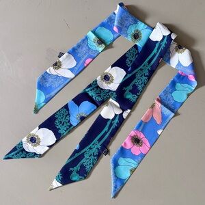 Set Of Two Blue Women's Scarves Floral Branches Patterned Handbag Head Accessory